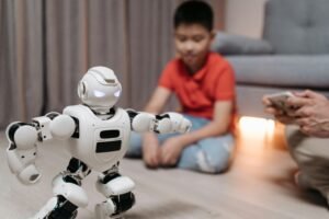 kid playing with robot 